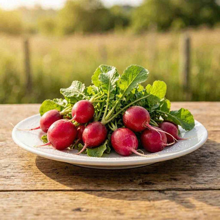 Fresh radishes on a plate on a wooden table in the garden