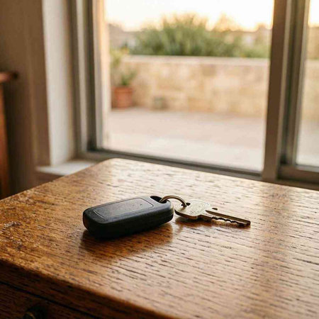 Car key on a wooden table in front of a window with a blurry background