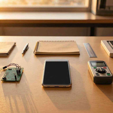 Smartphone on a wooden table with a notebook and a calculator.