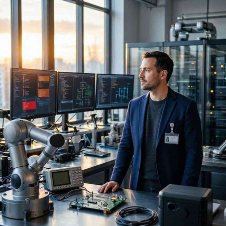 Engineer in front of a computer monitor in a modern factory.
