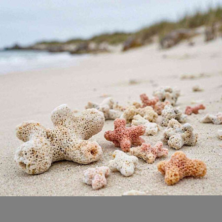A group of starfishes on a sandy beach by the sea