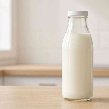 Bottle of milk on a wooden table in the kitchen. Healthy food.