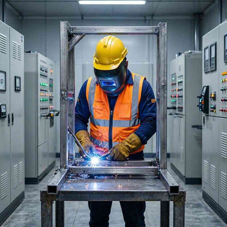Industrial worker welding metal with electric arc welding machine in factory.