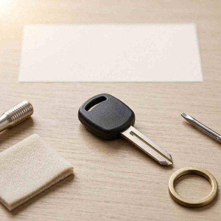 Car key with car keychain and keyring on wooden table.