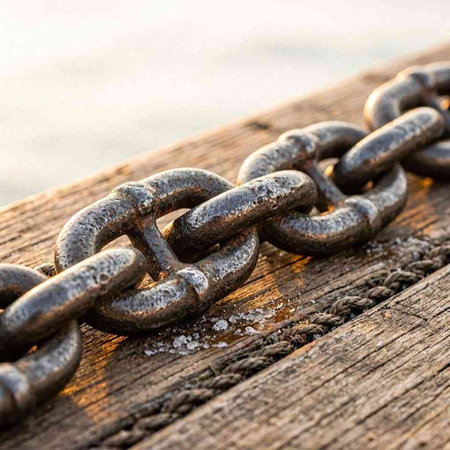 chain on a wooden pier with water drops in the morning light.