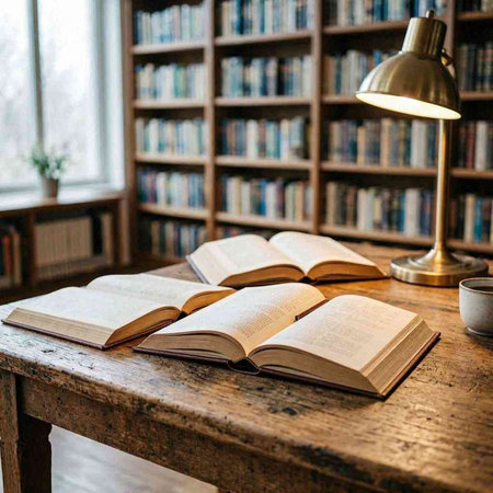 Open book on a wooden table with a lamp and bookshelf in the background