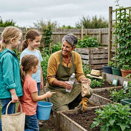 Grandmother Gardening With Grandchildren On Community Allotment Together