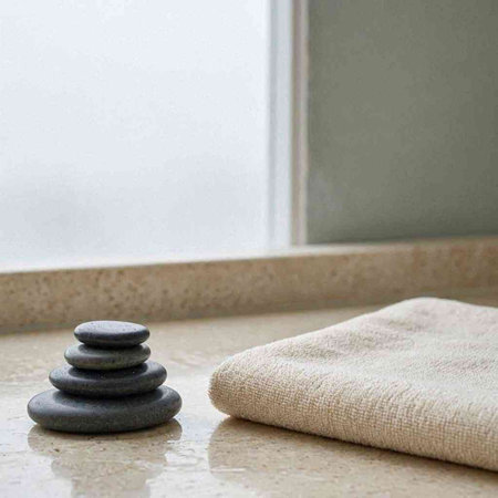 Spa stones and towel on the floor in the bathroom. Spa concept.