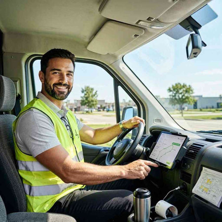 Portrait of a smiling delivery man in uniform driving a van.