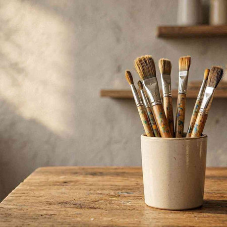 Paint brushes in a cup on a wooden table in the interior