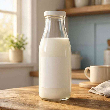 Milk in a glass bottle on a wooden table in the kitchen