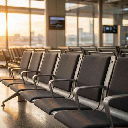 Waiting area in the airport. Row of empty chairs waiting for flight.