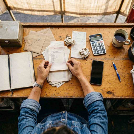 Top view of the hands of a man who is sitting at a wooden table with a cup of coffee, a smartphone and a notebook
