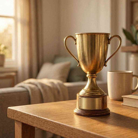 Golden trophy cup on a wooden table in a living room at home