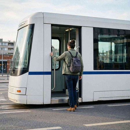 Young man standing in front of a modern tram in the city.