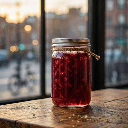 Raspberry jam in a jar on a wooden table in the city