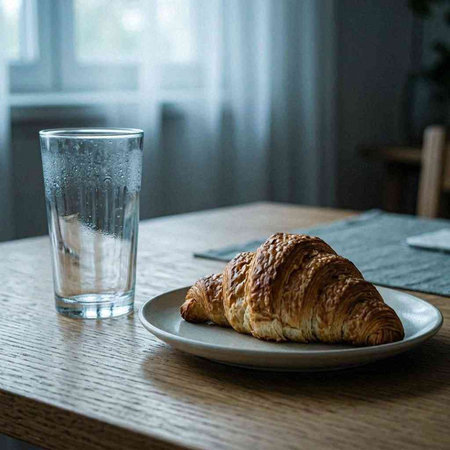 Croissant and a glass of water on a wooden table.