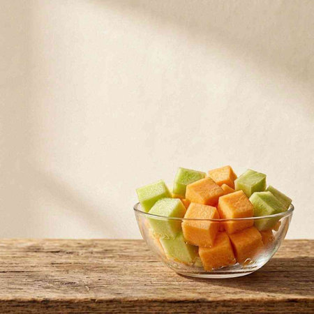 Melon and cantaloupe in glass bowl on wooden table.