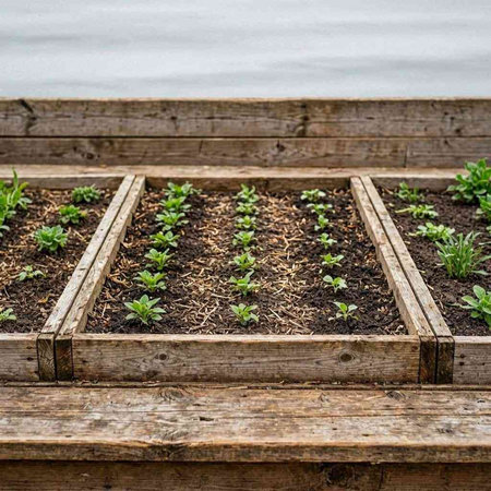 A vertical shot of a vegetable garden with seedlings growing in a wooden box