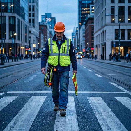 A construction worker walking down a busy street in downtown Boston, Massachusetts.