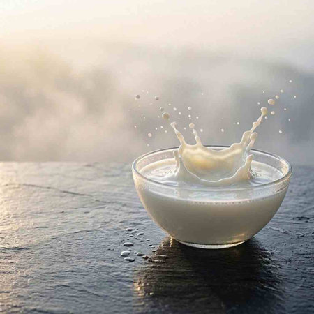 Pouring milk in glass bowl on wooden table with morning sunlight.