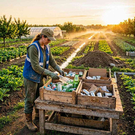 Farmer in uniform working in vegetable garden on sunny summer day.