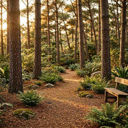 Sunset in the forest with a bench and ferns.