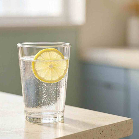 Glass of water with lemon on the table in the kitchen at home