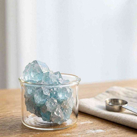 Turquoise quartz crystal on a wooden table. Copy space.
