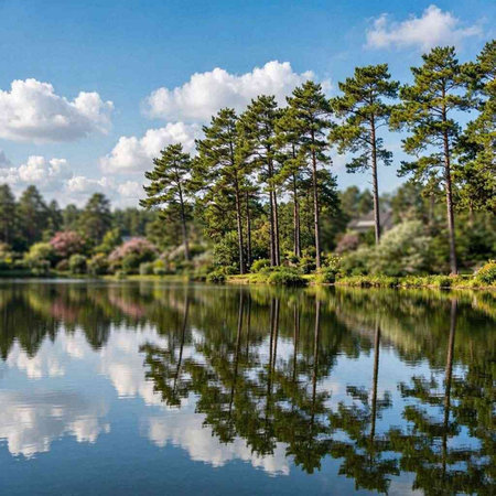 Pine trees reflected in the lake with blue sky and white clouds
