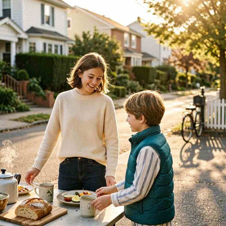 Cute boy and his mother having breakfast in front of their house