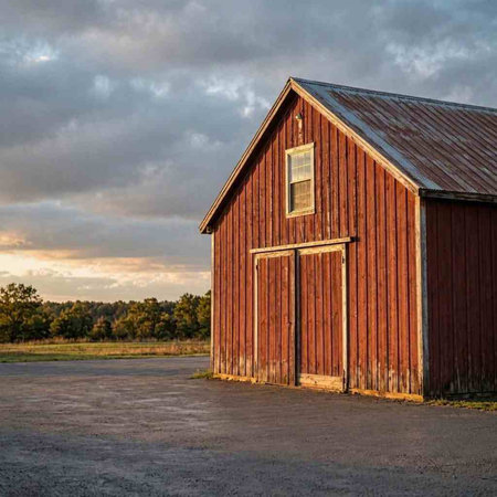 An old red barn in the middle of a field at sunset.