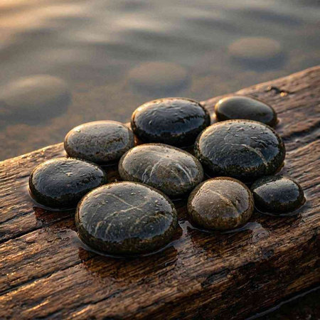 Spa stones on a wooden pier with a reflection in the water