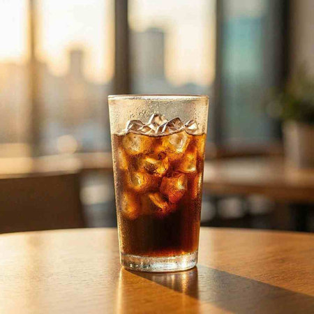 A glass of cola with ice cubes on a table in a cafe