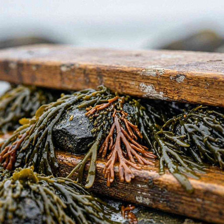 Seaweed on a wooden boat in the sea. Close up.