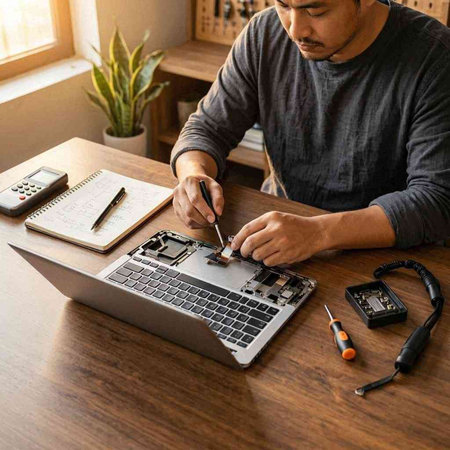 Technician repairing laptop computer in his home office. Repair service concept.