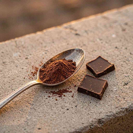 Spoon with ground coffee and pieces of dark chocolate on concrete background