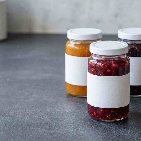 Homemade raspberry jam in glass jars on a gray background. Copy space.
