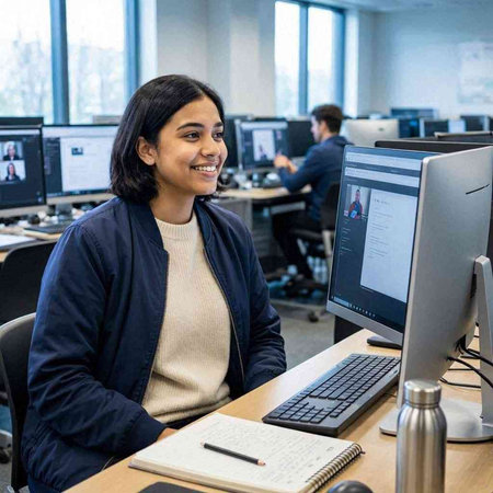 Portrait of young businesswoman smiling while working on computer in office
