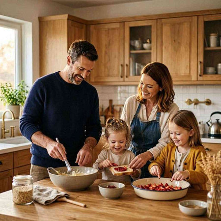 Happy family preparing breakfast in the kitchen at home. Mother, father and their children are having fun.