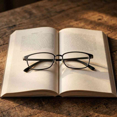 Eyeglasses on a book on a wooden table in the dark