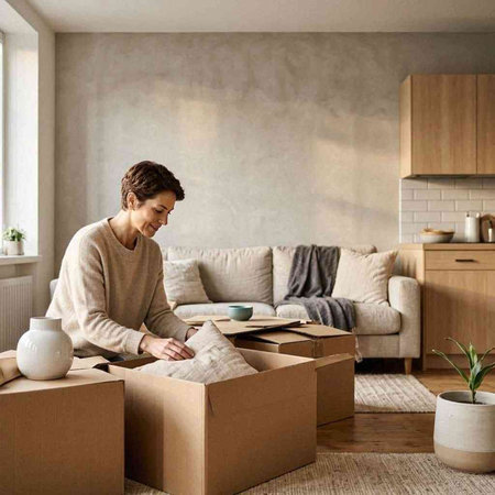 Young woman unpacking cardboard boxes in her living room at home.