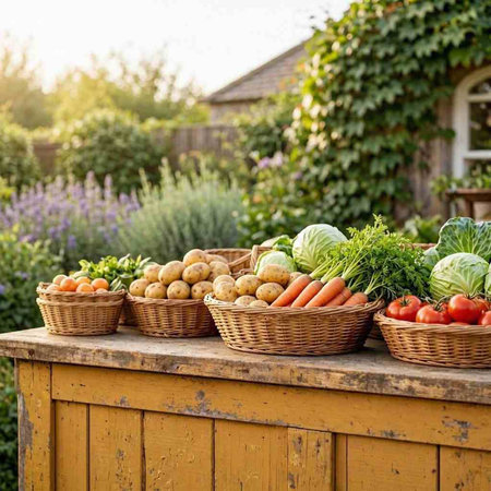 Harvesting vegetables in the garden. Fresh organic vegetables on wooden table.