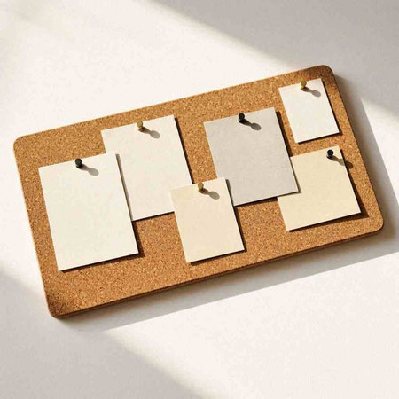 Cork board with blank notes on white background. 3D rendering