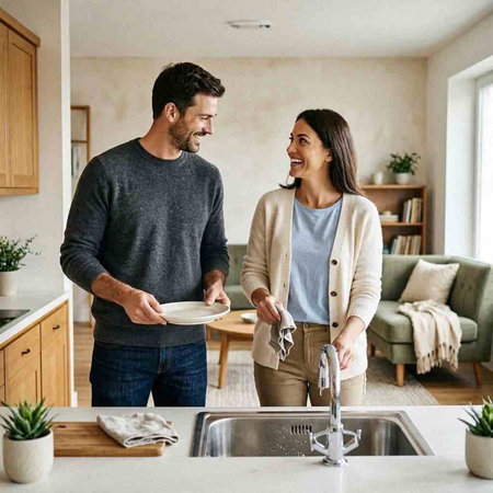 Happy couple washing dishes in kitchen at home. Smiling man and woman preparing food.