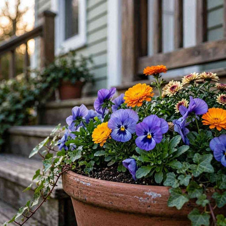 Flowerpot with pansy flowers in front of a wooden house
