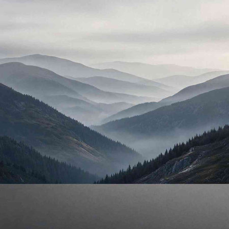 Beautiful mountain landscape with fog in the valley. Digital painting.