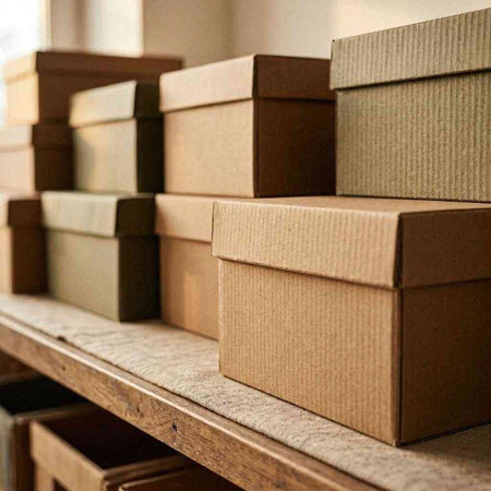 Boxes stacked on a shelf in a storage room, stock photo