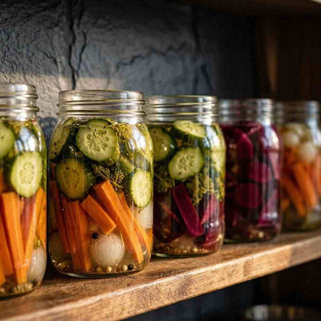 Pickled vegetables in glass jars on a wooden shelf in the kitchen