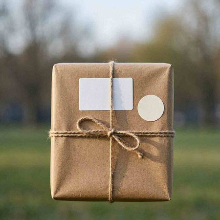 Gift box with a blank card on the background of the field